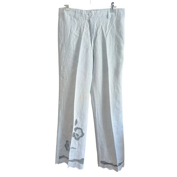 FRANCE 1 90s Vintage Light Blue Linen Wide leg pants wavy hem Ankle Length 4 - Picture 1 of 6